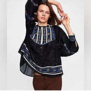 Zara Black Bohemian Embroidered Balloon Sleeve Blouse EUC Size Small